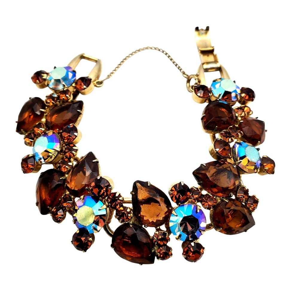 Juliana Brown AB Rhinestone Bracelet Gold Tone 5 Panel D&E Vintage Fall 1960s 7"